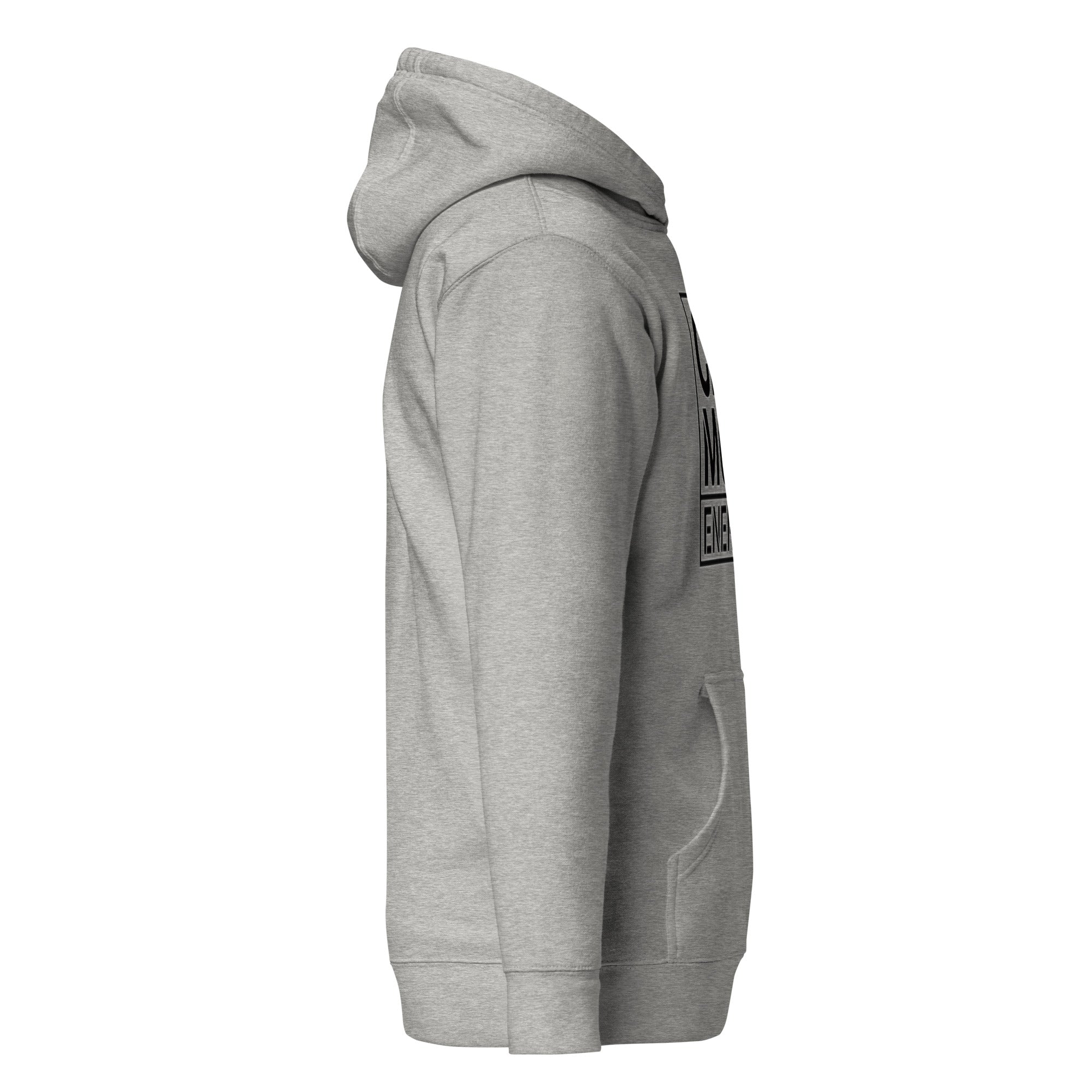 Grauer Hoodie seitliche Ansicht, Kapuze und teilweiser „CAT MOM“-Print