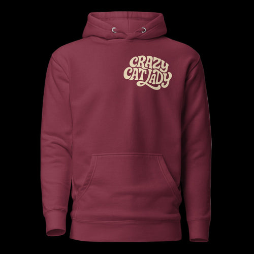 Kapuzenpullover bordeauxfarben mit Kängurutasche und Crazy Cat Lady Frontprint