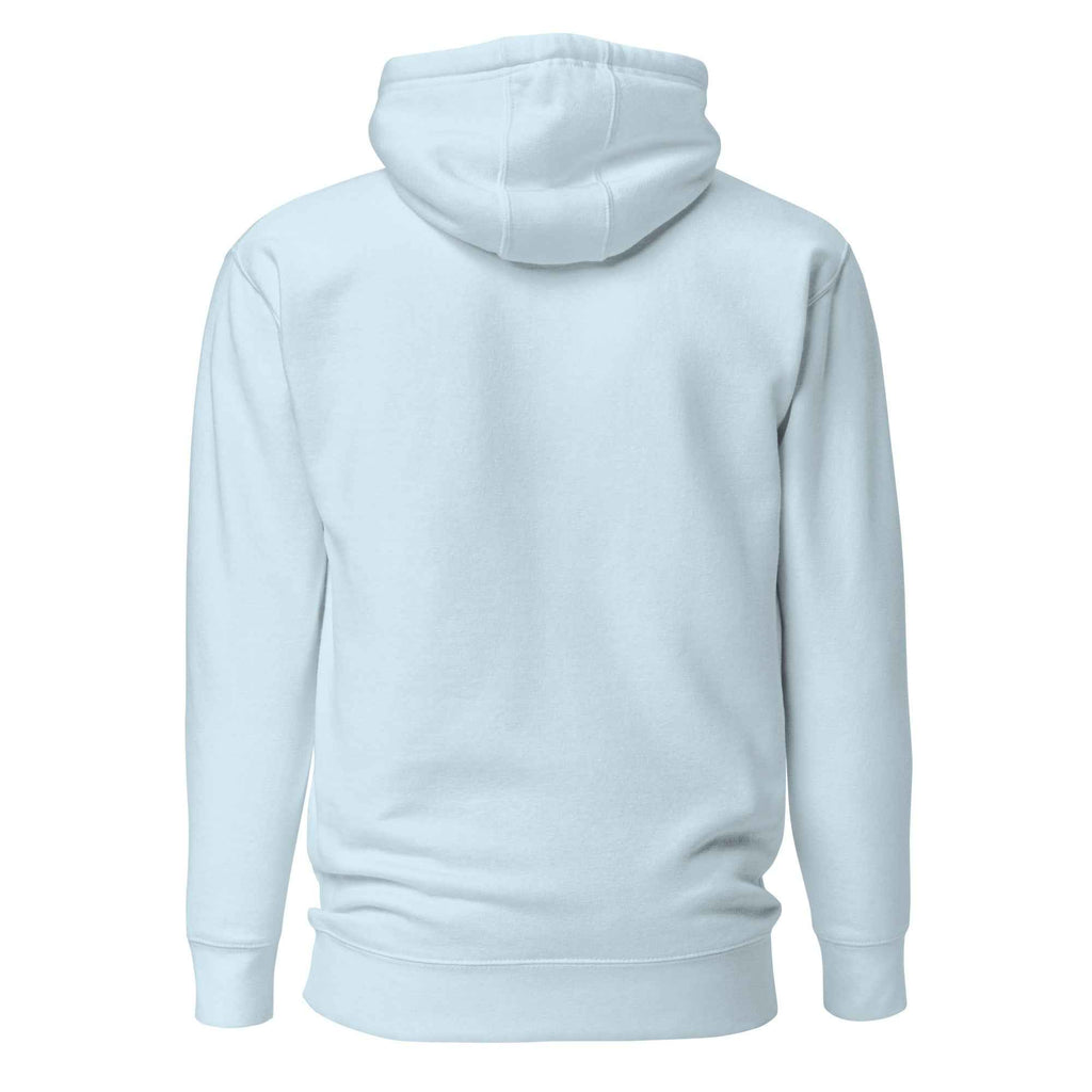 Hellblauer Hoodie mit Kapuze und Fronttasche, Rückenansicht.