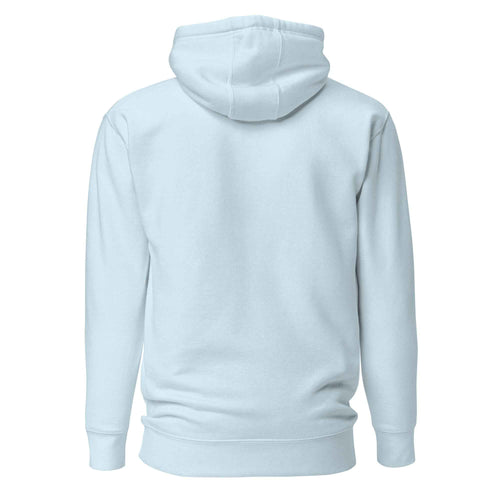 Hellblauer Hoodie mit Kapuze und Fronttasche, Rückenansicht.