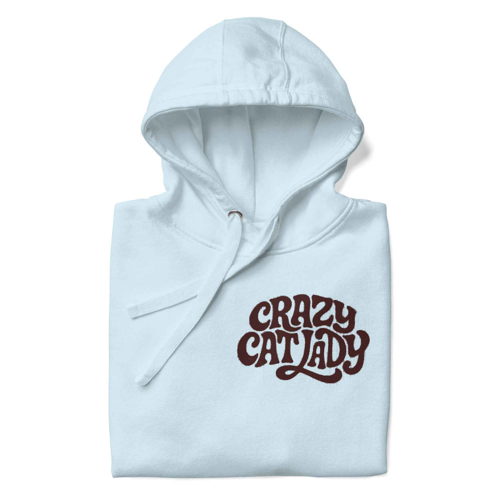 Hellblauer Hoodie mit Kapuze und Kordeln, Logo „CRAZY CAT LADY“ vorn.