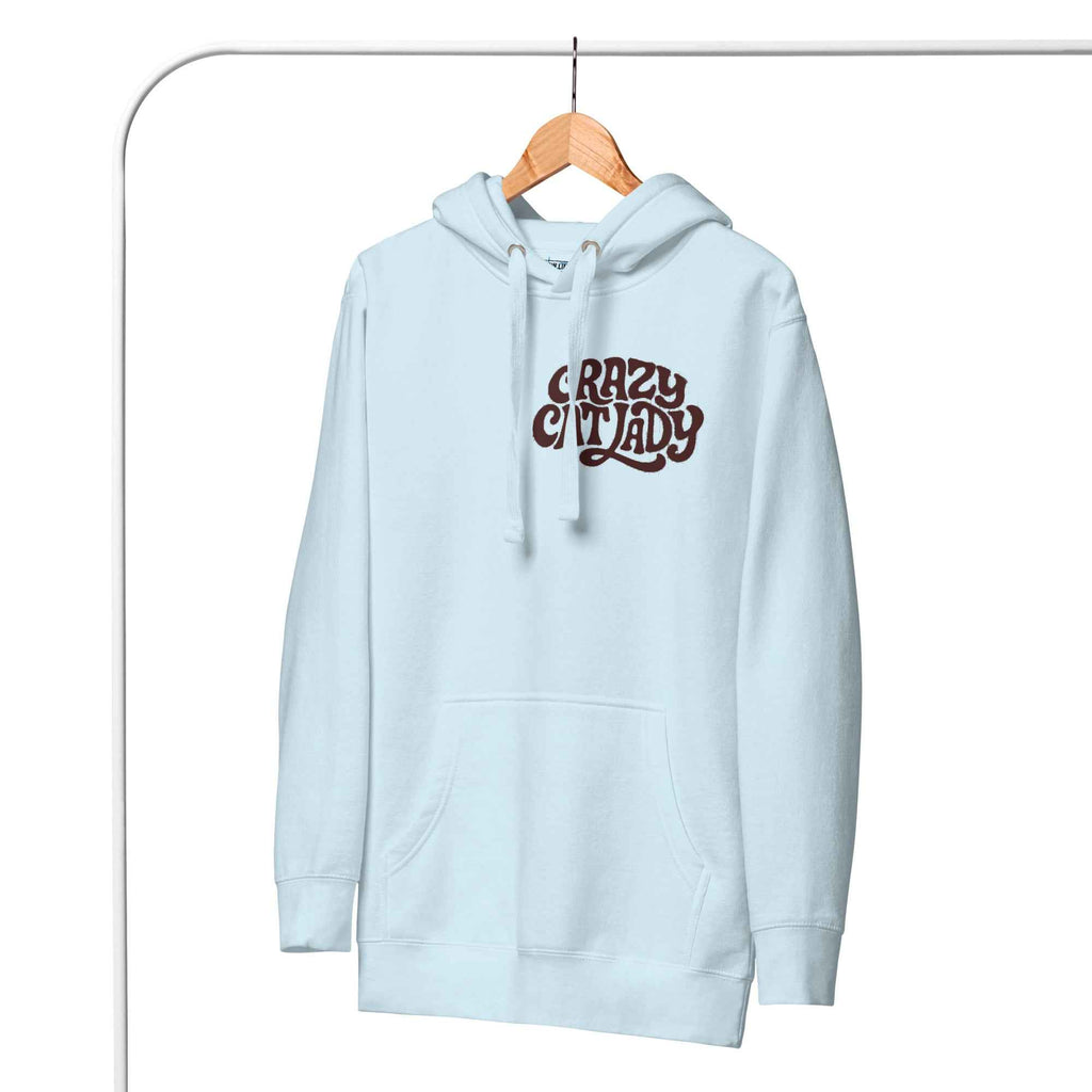 Hellblauer Hoodie mit Kapuze, Kordeln und Logo „CRAZY CAT LADY“.