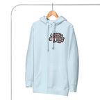 Hellblauer Hoodie mit Kapuze, Kordeln und Logo „CRAZY CAT LADY“.