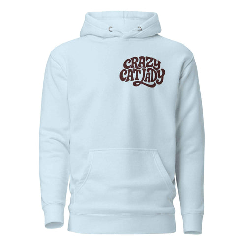 Hellblauer Hoodie mit Kapuze, Kordeln, Fronttasche und Schriftzug „CRAZY CAT LADY“.