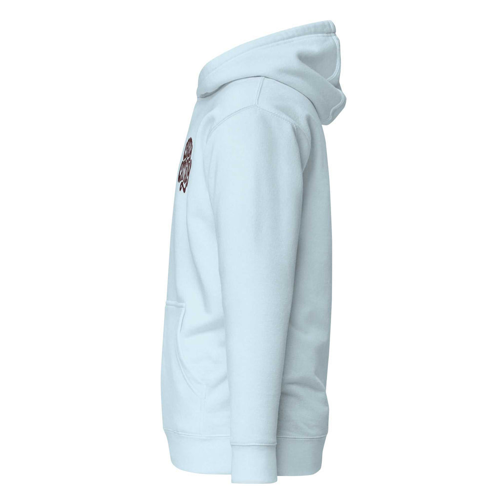Hellblauer Hoodie, Seitenansicht mit Kapuze und Ärmelbündchen.