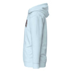 Hellblauer Hoodie, Seitenansicht mit Kapuze und Ärmelbündchen.