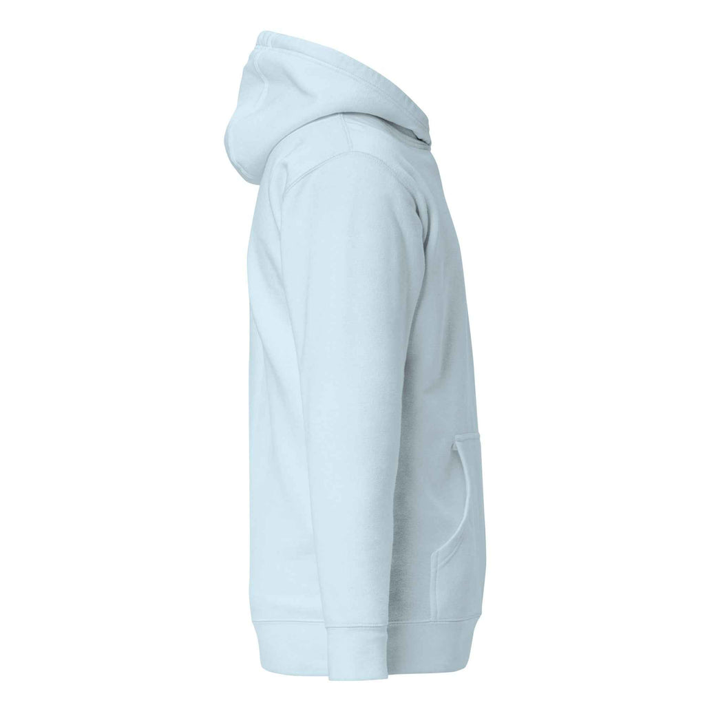 Hellblauer Hoodie, seitliche Ansicht mit Kapuze und Taschennaht.