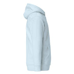 Hellblauer Hoodie, seitliche Ansicht mit Kapuze und Taschennaht.