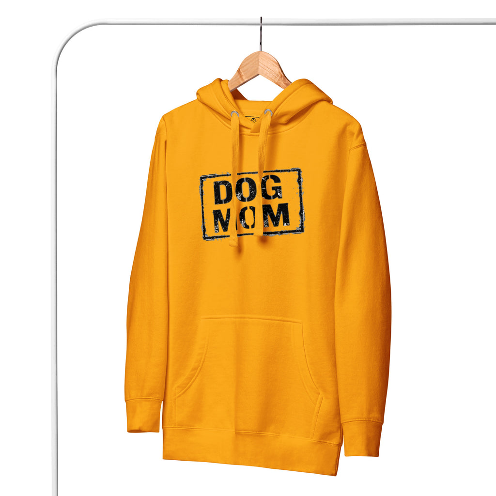 Oranger Unisex-Hoodie mit Kapuze, Kängurutasche und Frontaufdruck „DOG MOM“