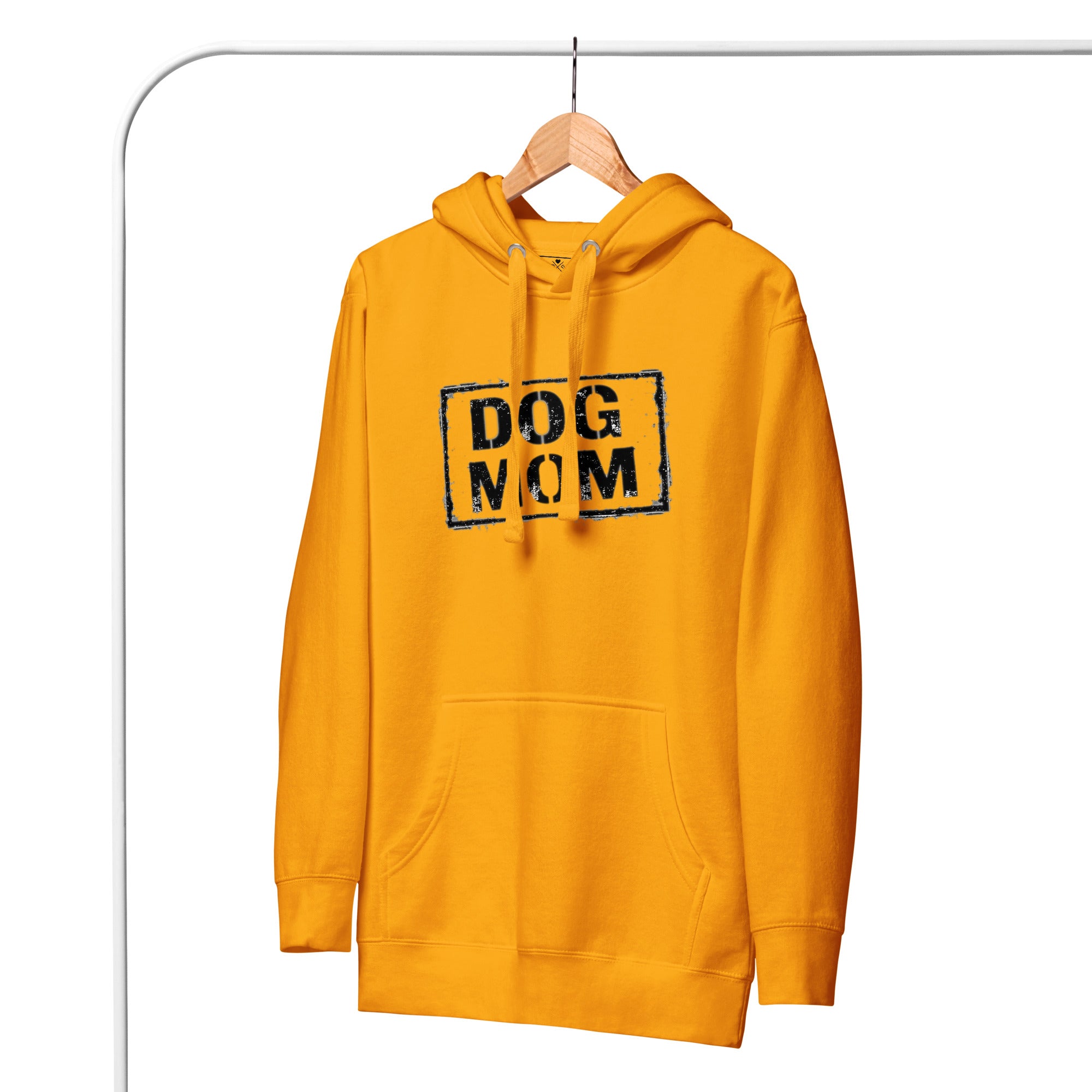 Oranger Unisex-Hoodie mit Kapuze, Kängurutasche und Frontaufdruck „DOG MOM“