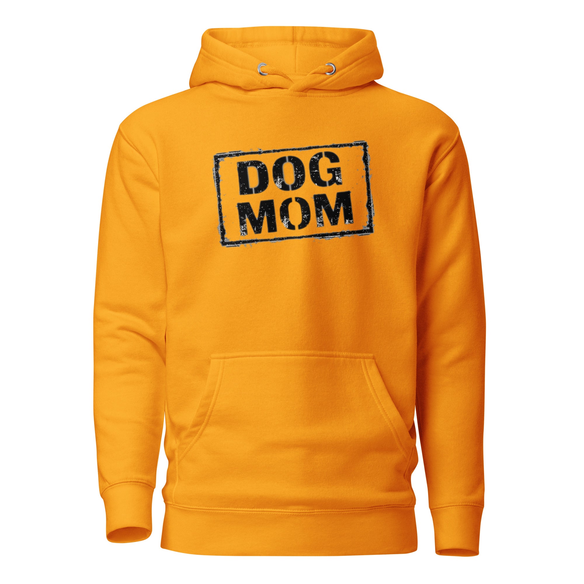 Unisex-Hoodie in Team Gold, Rückansicht mit Kapuze und großem Print „DOG MOM“