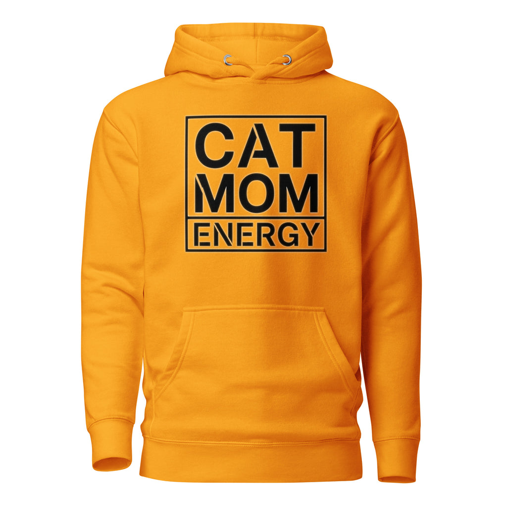 Goldener Hoodie mit „CAT MOM ENERGY“-Print vorn und Kängurutasche