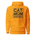 Goldener Hoodie mit „CAT MOM ENERGY“-Print vorn und Kängurutasche