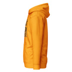 Goldener Hoodie seitlich mit Kapuze und Teil-Print am Ärmel