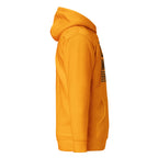 Goldener Hoodie seitliche Ansicht, Kapuze und teilweiser „CAT MOM“-Print