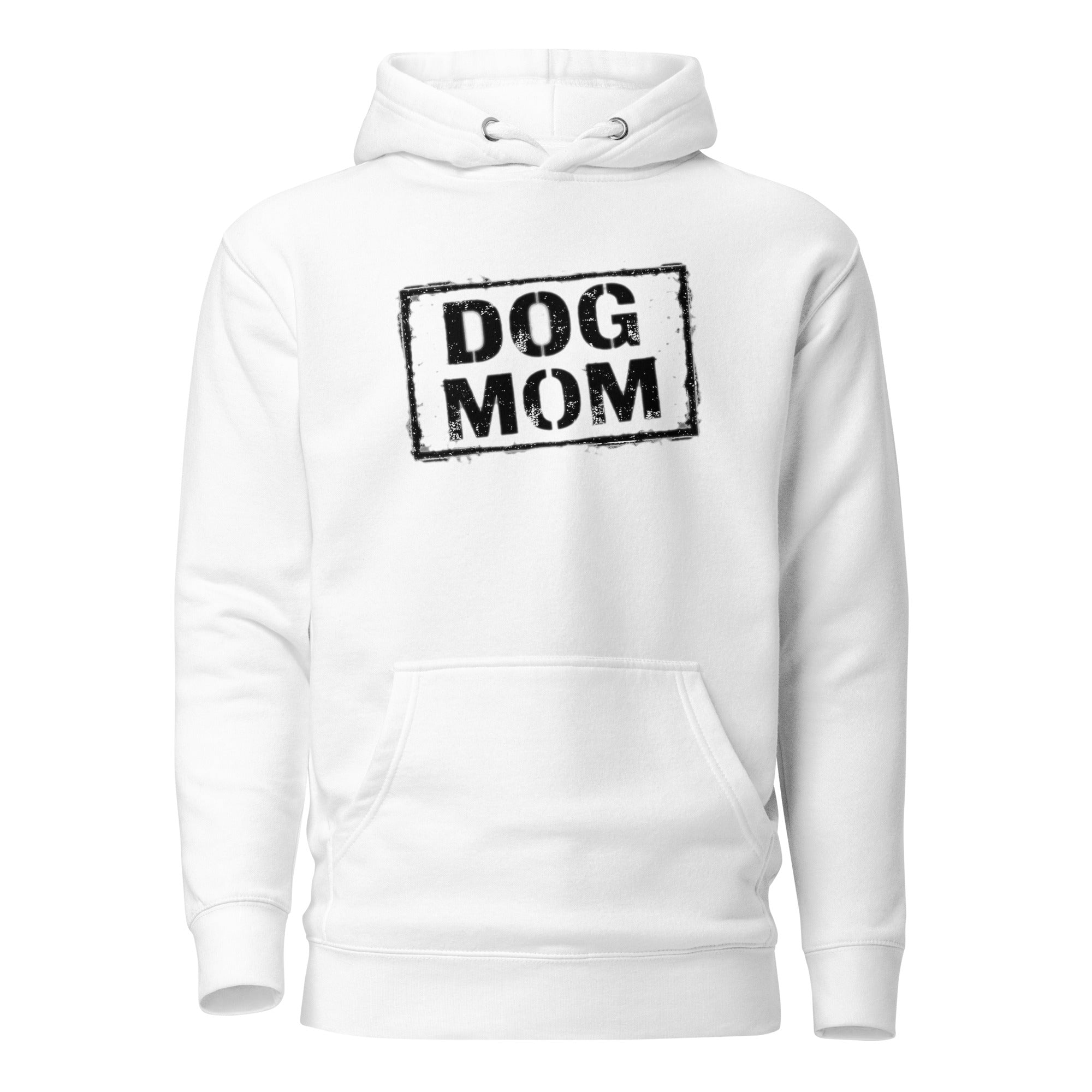 Unisex-Hoodie in Weiß, Rückansicht mit Kapuze und Print „DOG MOM“