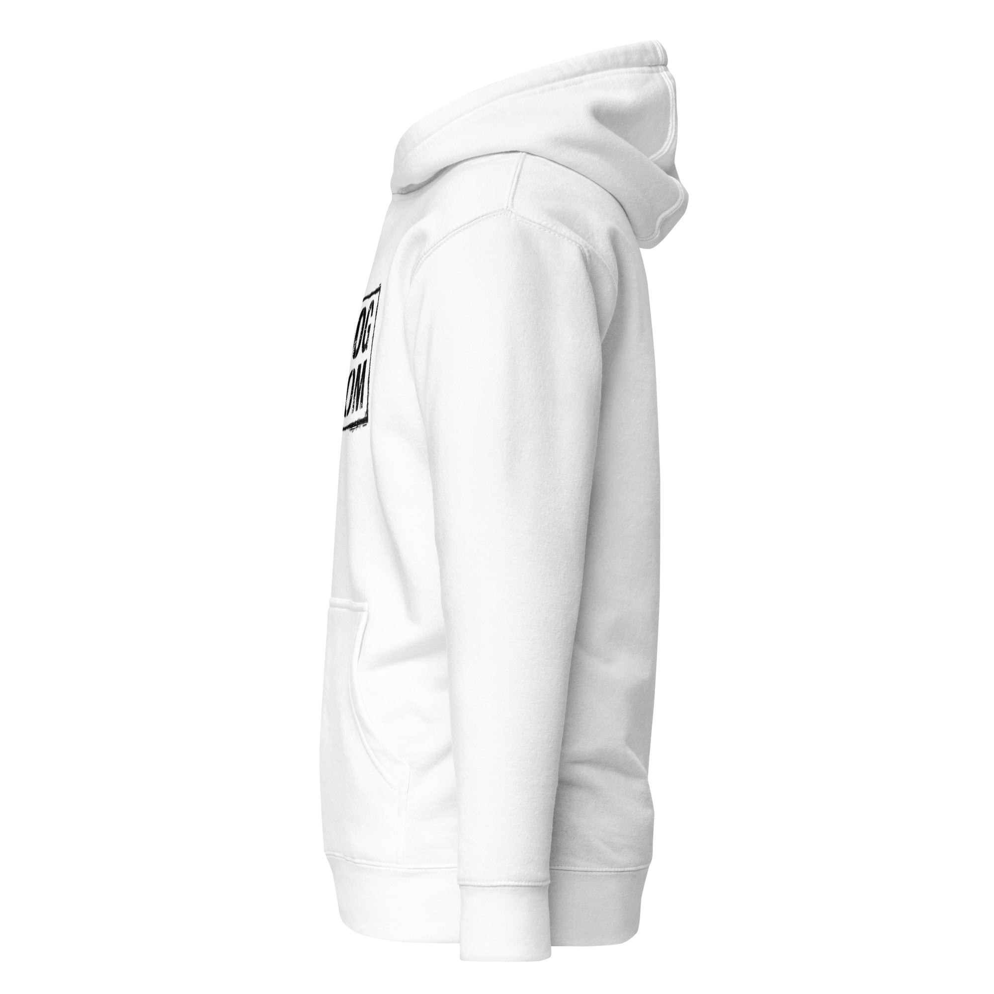 Unisex-Hoodie in Weiß mit Kapuze und Kängurutasche, Seitenansicht