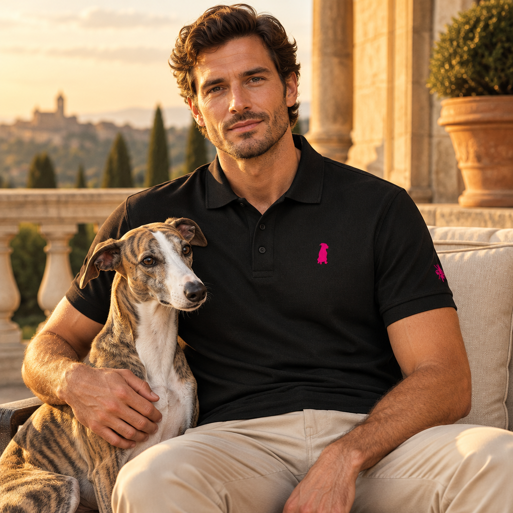 Schwarzes Piqué-Poloshirt mit pinkem Hunde-Logo, Kurzarm