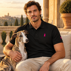 Schwarzes Piqué-Poloshirt mit pinkem Hunde-Logo, Kurzarm