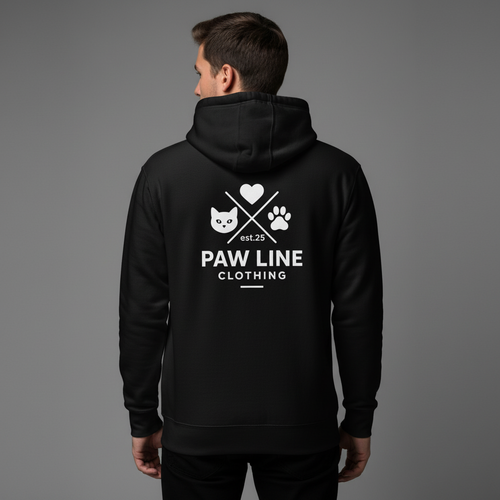 Schwarzer Hoodie mit Kapuze, große PAW LINE CLOTHING-Grafik auf der Rückseite