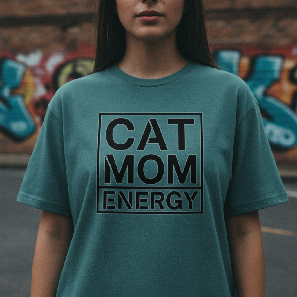 Petrolfarbenes T-Shirt mit Frontprint „CAT MOM ENERGY“ in schwarzem Kasten