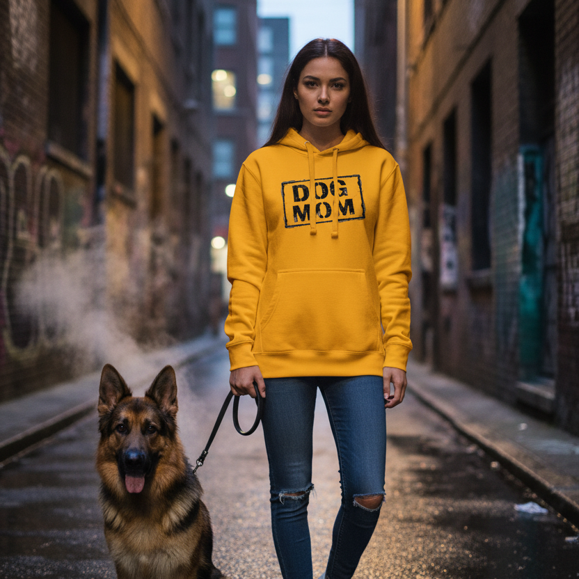 Unisex-Hoodie in Team Gold mit Kapuze und Frontprint „DOG MOM“