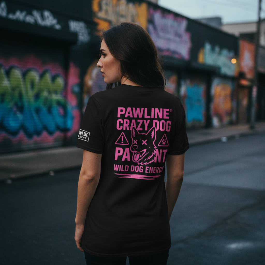 Crazy Dog T-Shirt mit rosa Rückenprint, schwarzes Kurzarmshirt