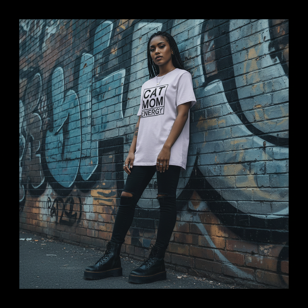 Helles T-Shirt mit Frontaufdruck „CAT MOM ENERGY“, Rundhalsausschnitt und kurze Ärmel