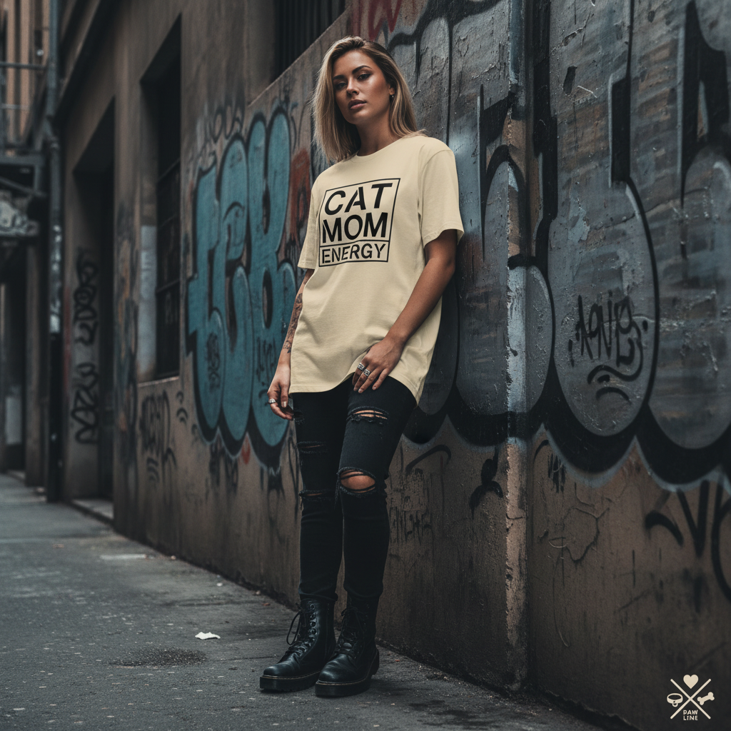 Beigefarbenes T-Shirt mit Frontaufdruck „CAT MOM ENERGY“