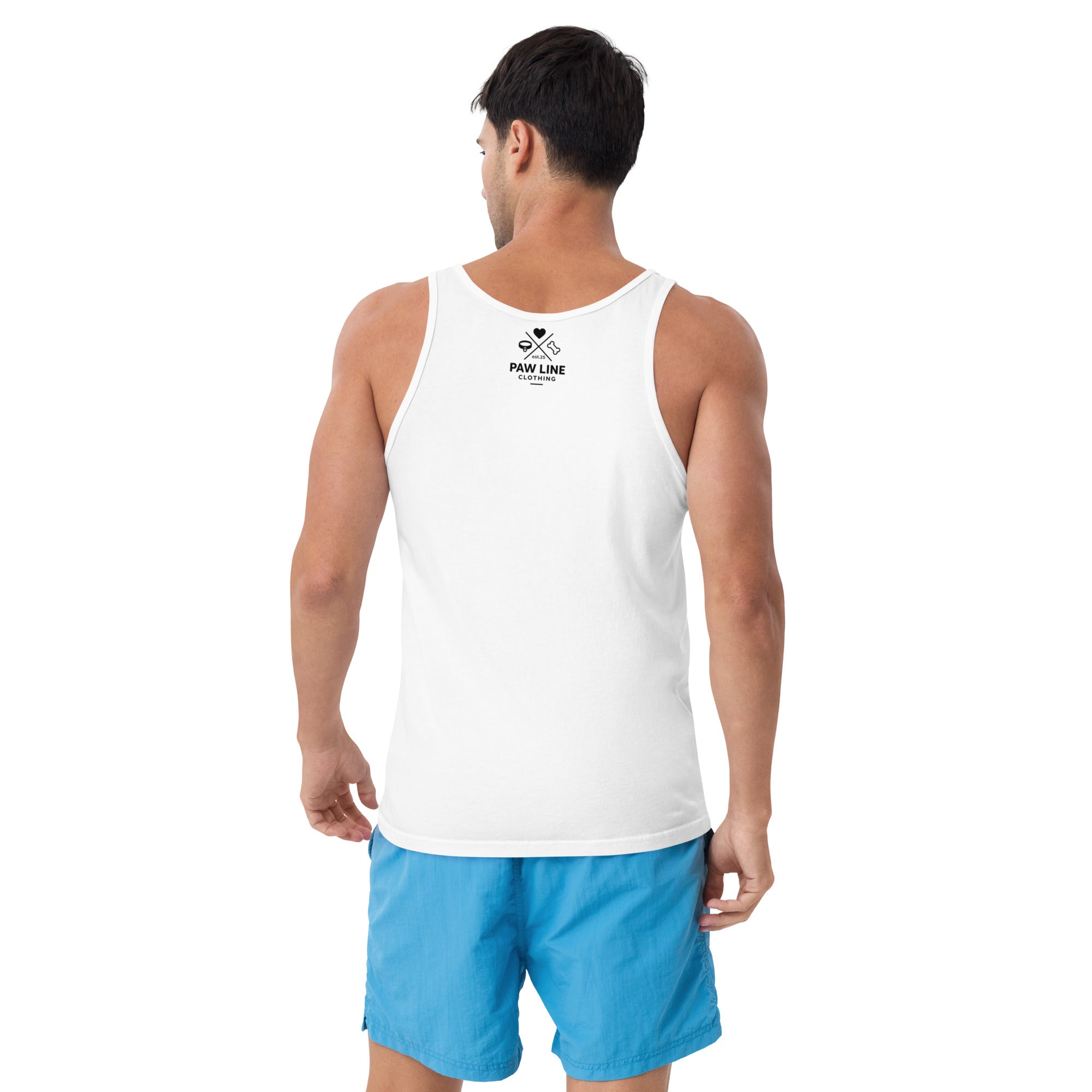 Herren-Tanktop, weiß, Rückansicht, kleiner Brustprint „PAW LINE CLOTHING“