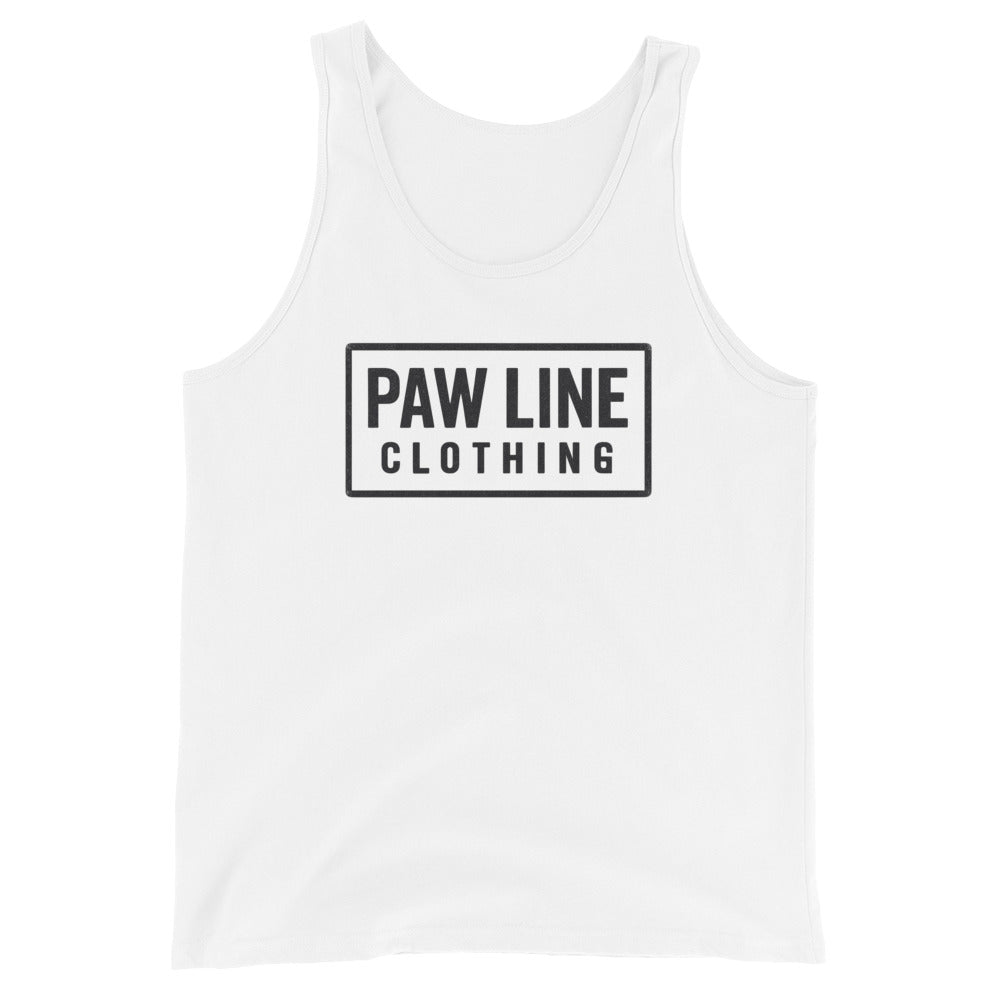 Herren-Tanktop, weiß, Rundhalsausschnitt, Frontprint „PAW LINE CLOTHING“