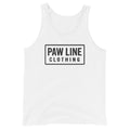 Herren-Tanktop, weiß, Rundhalsausschnitt, Frontprint „PAW LINE CLOTHING“