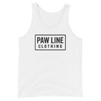 Herren-Tanktop, weiß, Rundhalsausschnitt, Frontprint „PAW LINE CLOTHING“