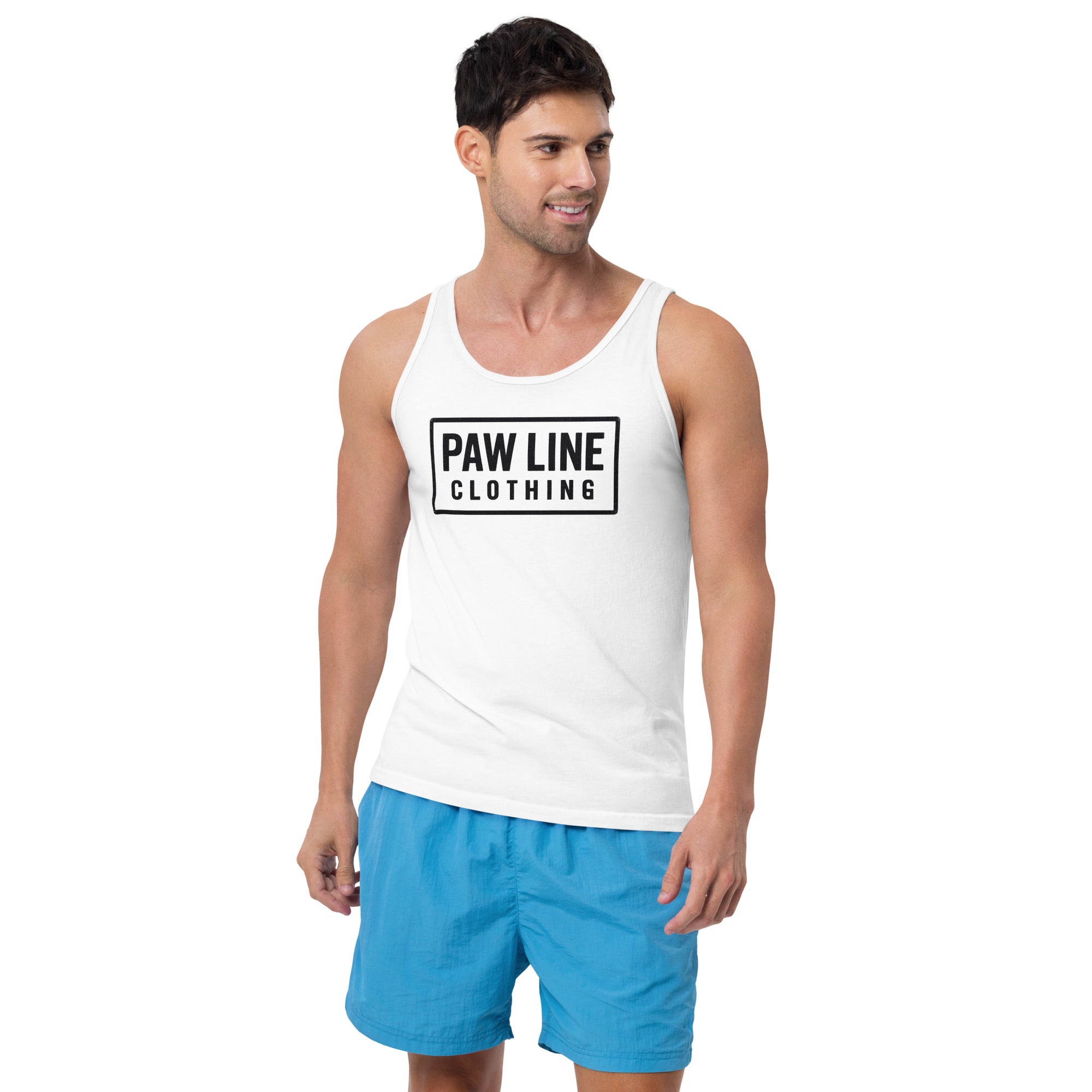 Herren-Tanktop, weiß, Frontprint „PAW LINE CLOTHING“