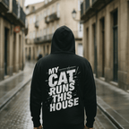 Dunkler Hoodie mit Kapuze, großer Rückenaufdruck „MY CAT RUNS THIS HOUSE“