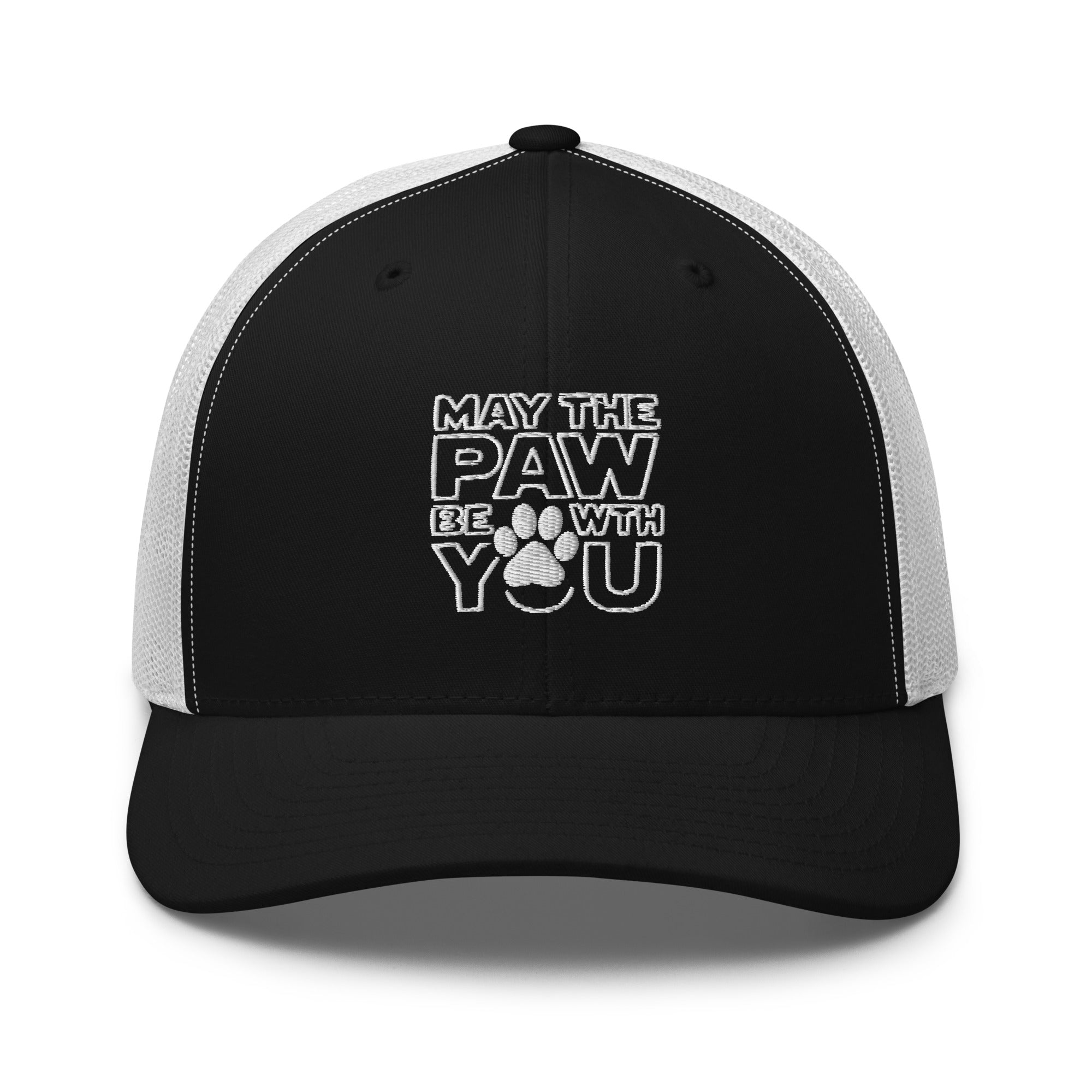 Schwarze Trucker-Cap mit weißem Netz, Logo-Print vorne, flaches Schild