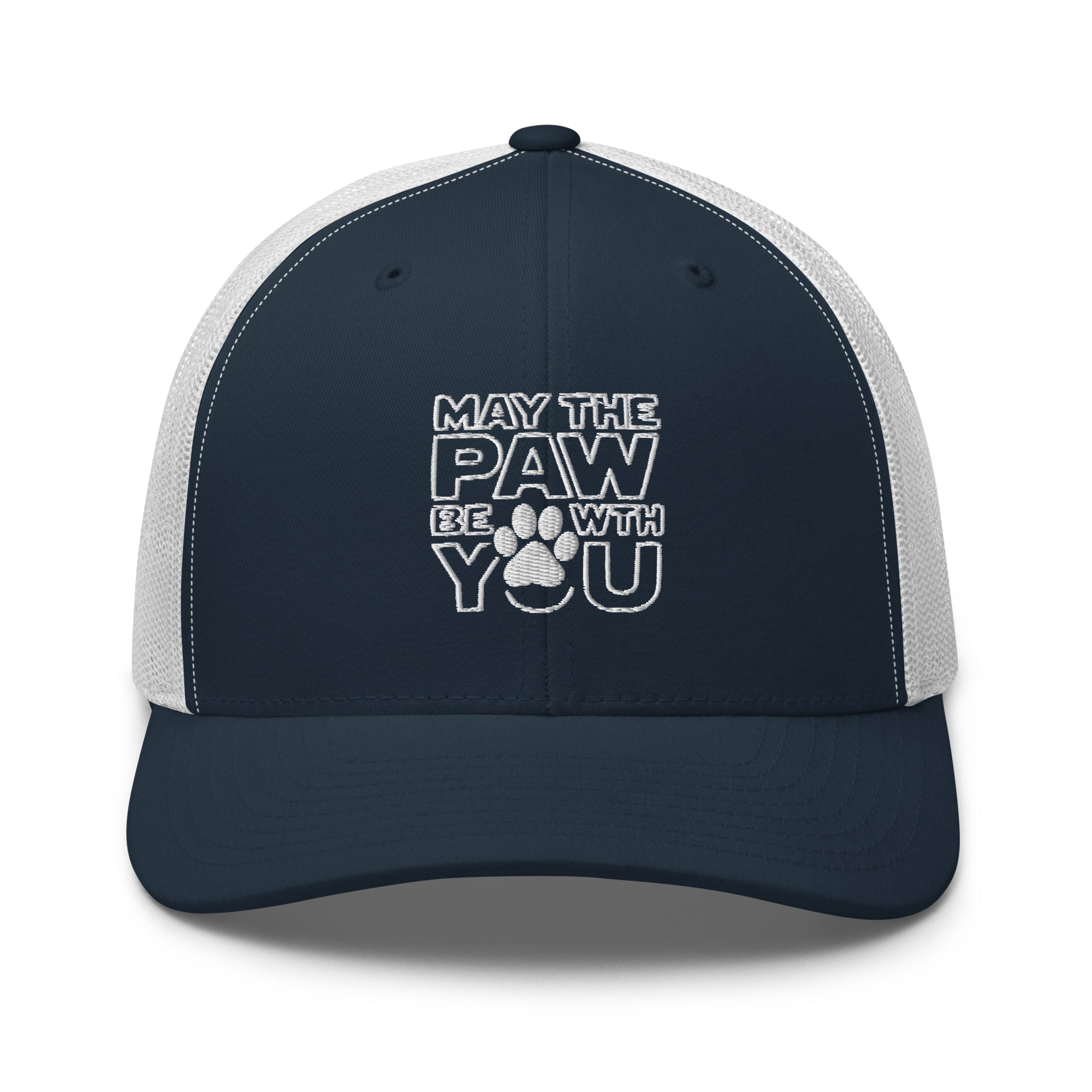 Navyblaue Trucker-Cap mit weißem Netz, Logo-Print vorne, flaches Schild