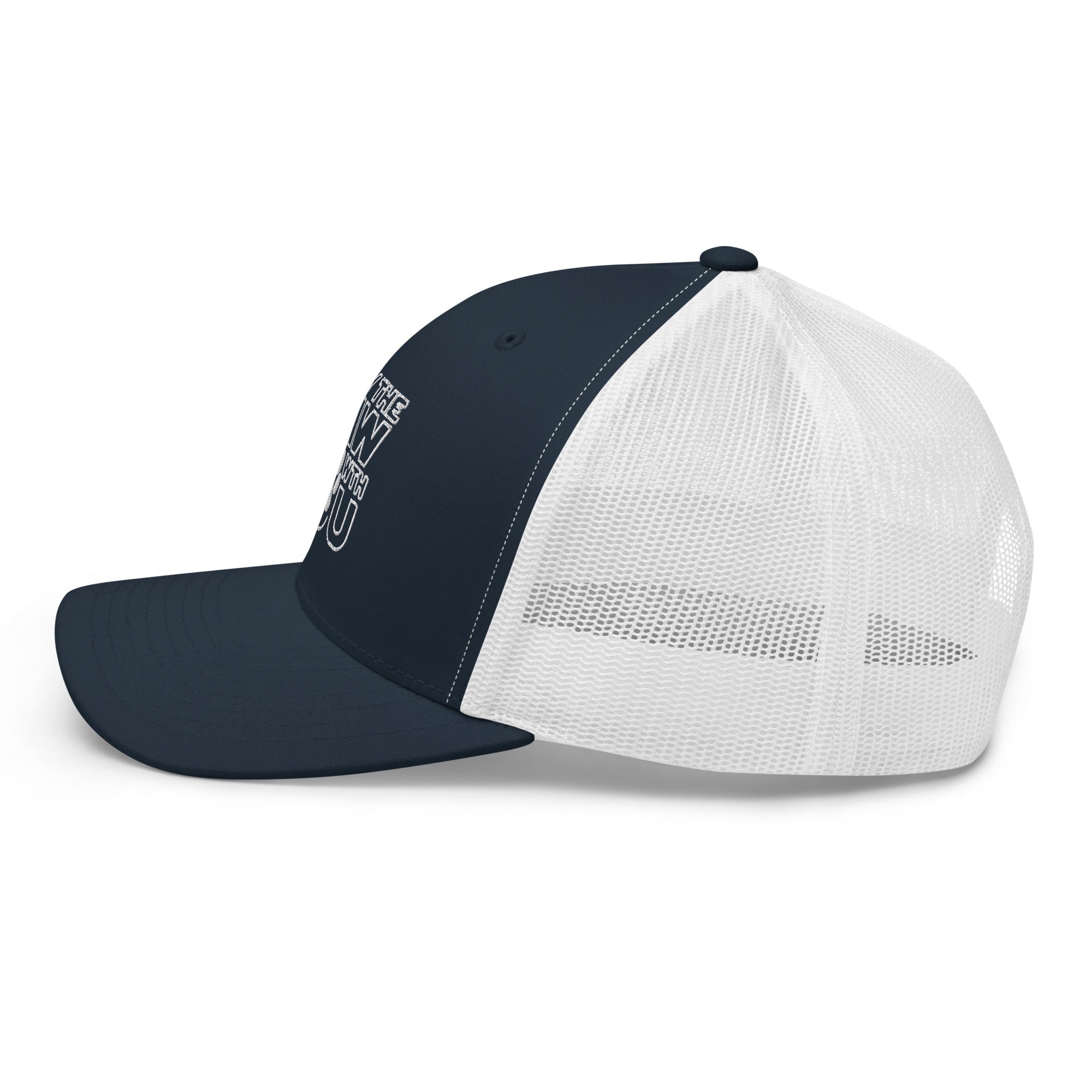Navyblaue Trucker-Cap mit weißem Netz, Seitenansicht, Logo-Print am Vorderteil