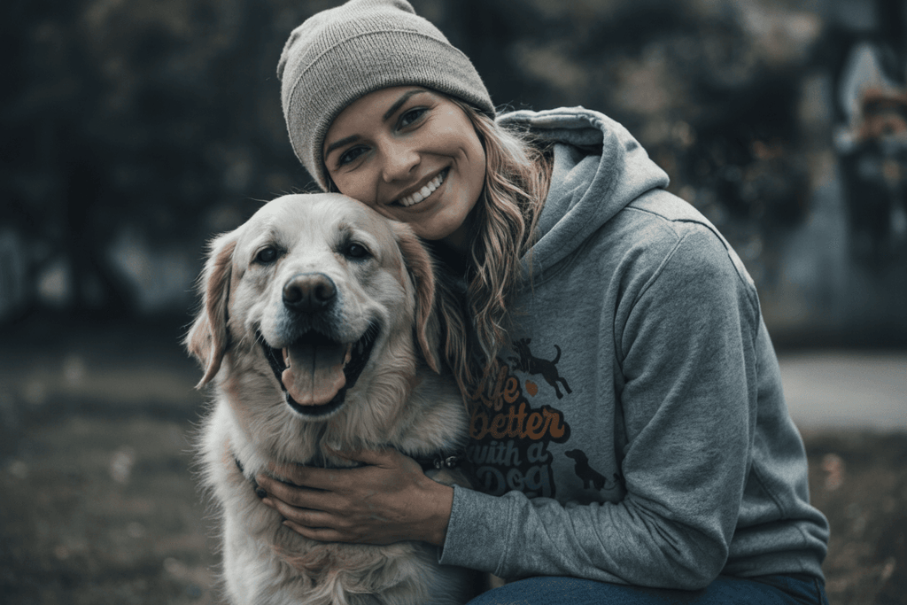 Hunde-Hoodie in dunklem Grau mit Kapuze, Kordeln und mehrfarbigem Tieraufdruck