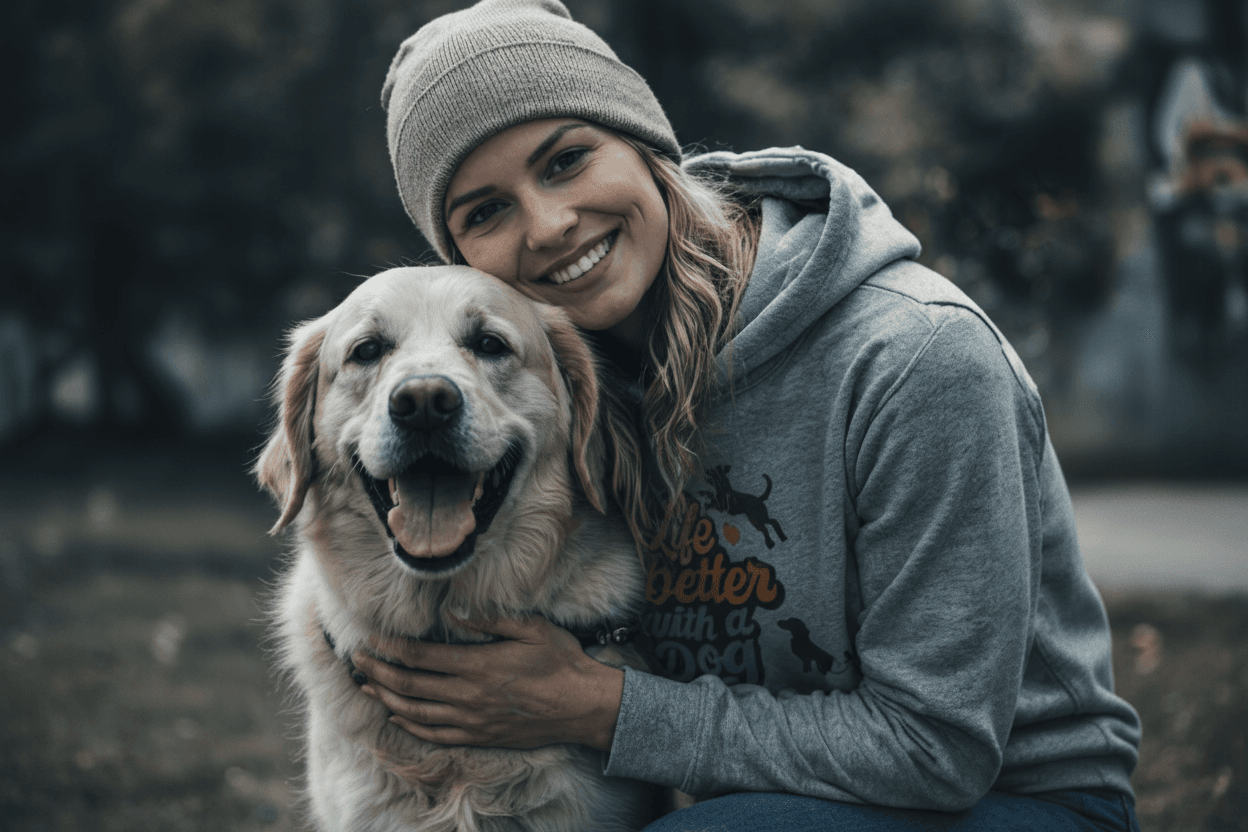 Hunde-Hoodie in dunklem Grau mit Kapuze, Kordeln und mehrfarbigem Tieraufdruck