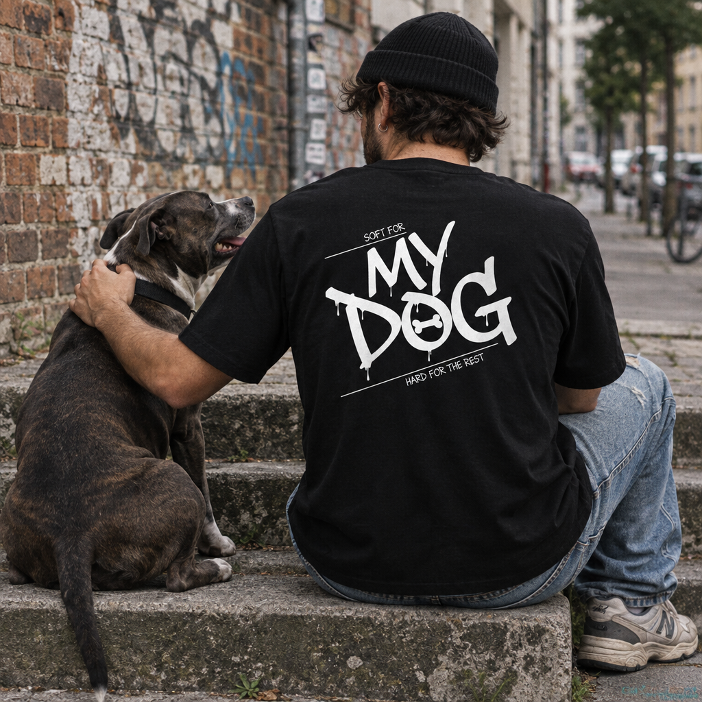 Schwarzes T-Shirt mit großem Rückseiten-Statement-Print „MY DOG“