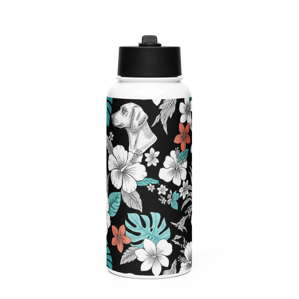 Trinkflasche mit Strohhalm, schwarzer Deckel, Blumen- und Hundemotiv auf weißem Körper
