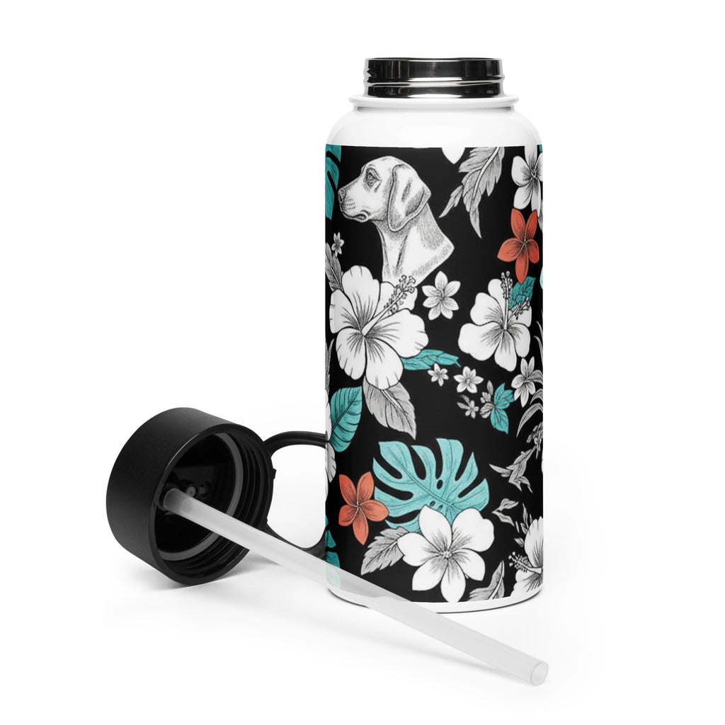 Trinkflasche mit Strohhalm, transparenter Strohhalm, schwarzer Verschluss, Blumenmuster