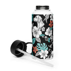 Trinkflasche mit Strohhalm, transparenter Strohhalm, schwarzer Verschluss, Blumenmuster
