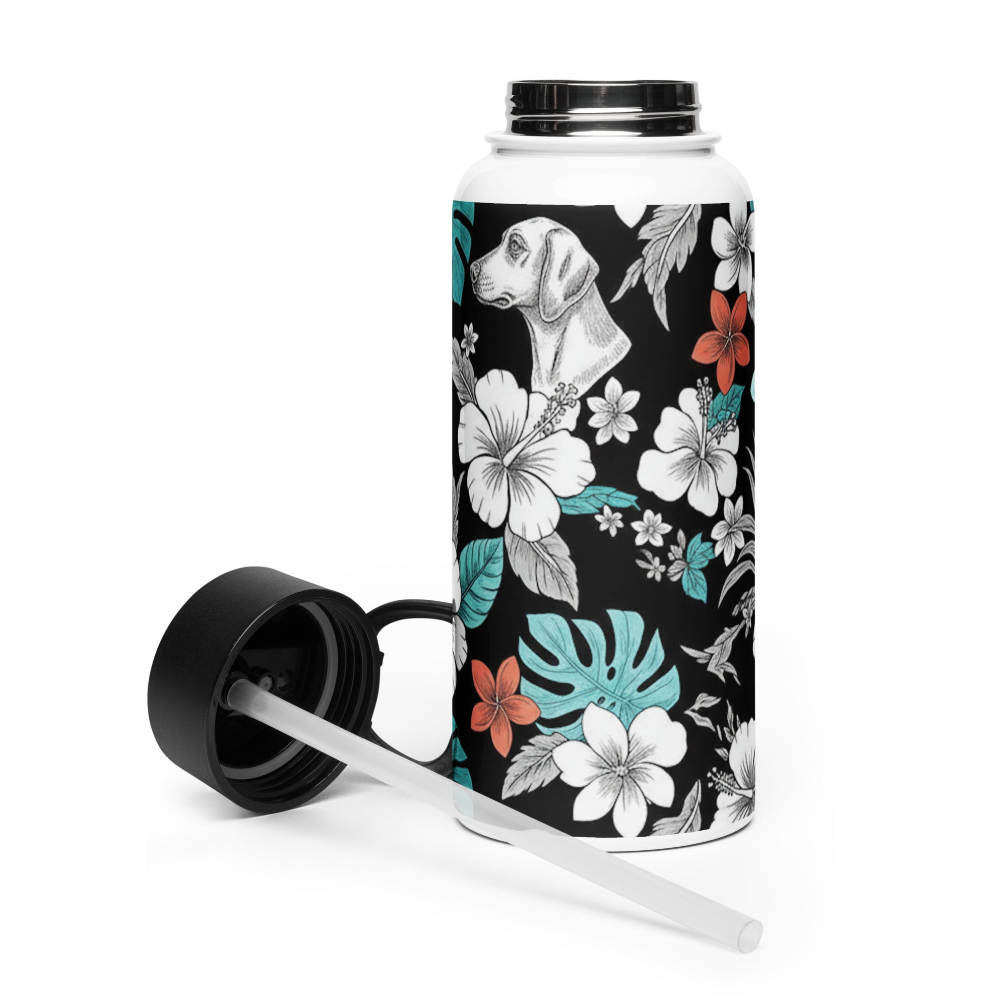Trinkflasche mit Strohhalm, transparenter Strohhalm, schwarzer Verschluss, Blumenmuster