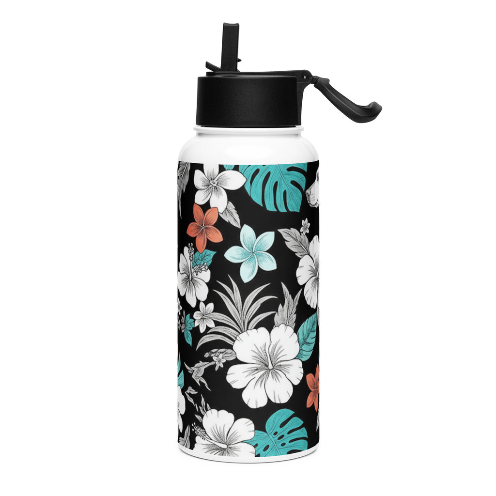 Trinkflasche mit Strohhalm, schwarzer Auslauftülle und Tragegriff, Blumenmuster auf weißem Körper