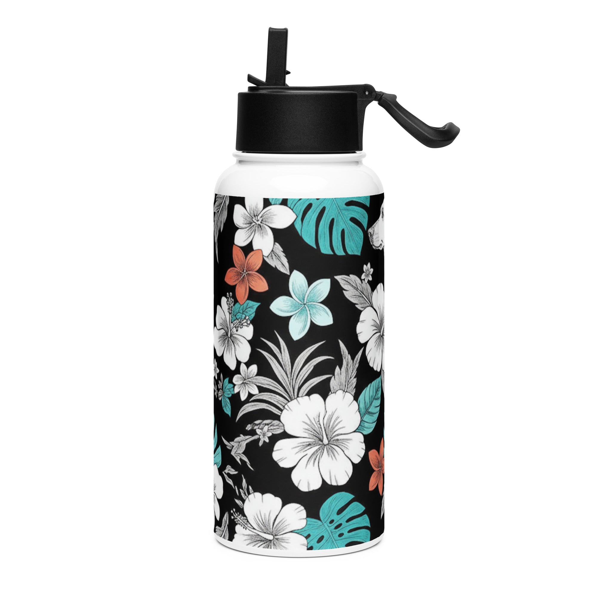 Trinkflasche mit Strohhalm, schwarzer Auslauftülle und Tragegriff, Blumenmuster auf weißem Körper