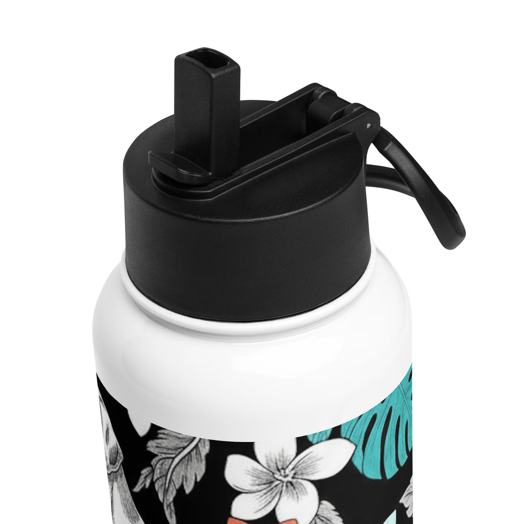 Trinkflasche mit Strohhalm, schwarzer Trinkaufsatz/Deckel am Flaschenhals, Blumenrand