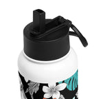 Trinkflasche mit Strohhalm, schwarzer Trinkaufsatz/Deckel am Flaschenhals, Blumenrand