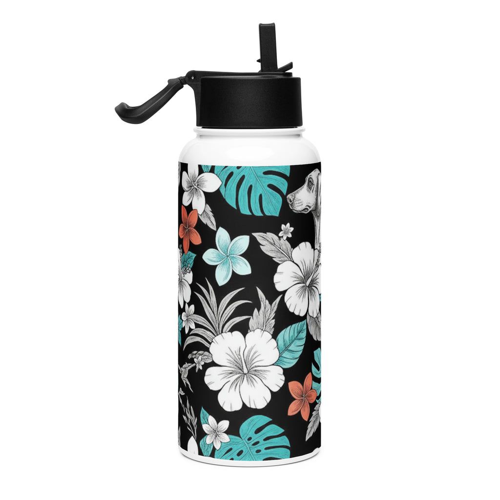 Trinkflasche mit Strohhalm, schwarzer Deckel mit Tragegriff, Blumen- und Pflanzenmuster auf weißem Körper
